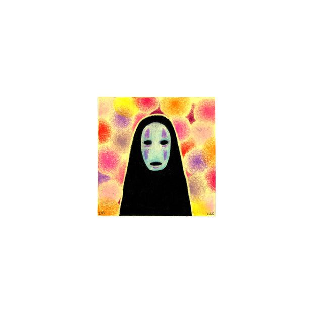 Colored pencil illustration of No Face, looking straight at the viewer and only visible from waist up. Background is made up of many blurred purple, pink and red spheres on a yellow post-it.