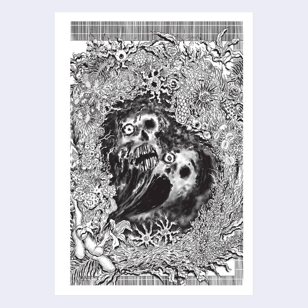 Page excerpt, black and white illustration of two distorted decaying faces framed by many abstract flowers and plants.