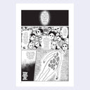 Page excerpt, featuring 4 panel illustrations of a crowd looking at a floating body with accompanying story text.