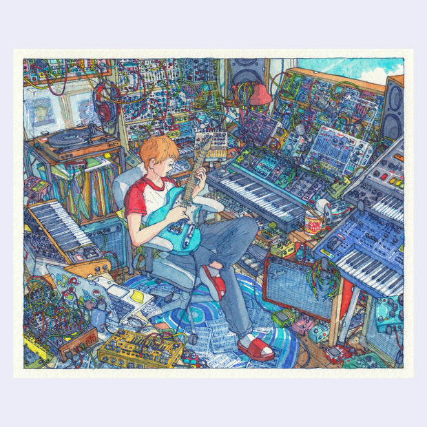 Finely detailed ink and watercolor drawing of a person sitting in an office chair in a visually busy music studio, playing electric guitar. The studio is filled with many wires, keyboards, synth machines and beat machines. 
