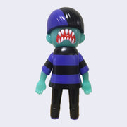 Back view of Vinyl figure of a green skin boy wearing a purple and black striped shirt, black pants and black sneakers with purple laces. Back of his head has a bright red downturned mouth with many sharp white teeth.