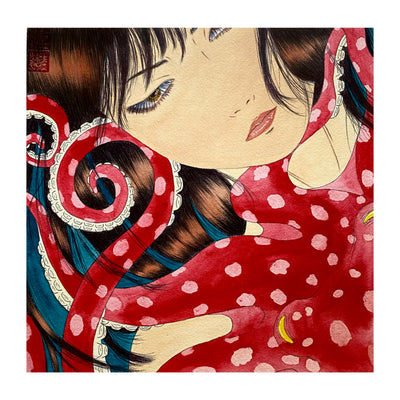 Illustration of a woman with dark brown hair, being embraced by a red polka dot octopus, with its tentacles around her neck.