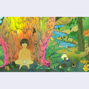 Close up of print showing a nude child sitting cross legged in front of a rainbow tree, with small people interacting with the environment all around.
