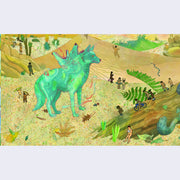 Close up of print, displaying a green wolf with 3 heads, 1 in a normal position and 2 on its back neck. Small nude humans interact with the desert environment around.