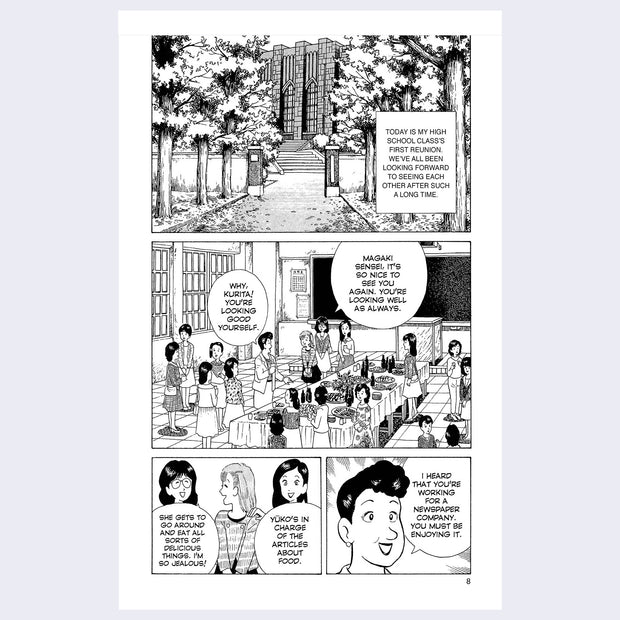 Page example, black and white comic panel of students at a dinner party event.