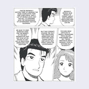 Page example, black and white manga panel of two characters discussing farming health.