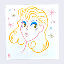 Simple colorful line art illustration of a stylized blond woman with green eyes and bright blue eyeshadow, looking off to the side and visible from the neck up only.