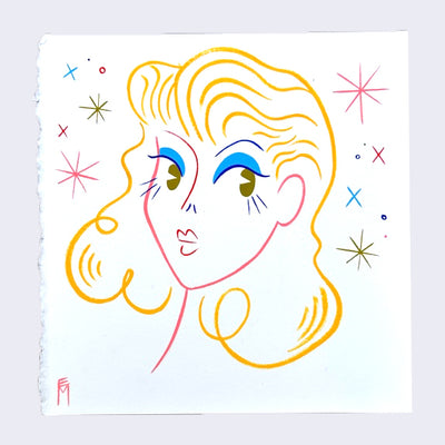 Simple colorful line art illustration of a stylized blond woman with green eyes and bright blue eyeshadow, looking off to the side and visible from the neck up only.