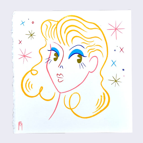 Simple colorful line art illustration of a stylized blond woman with green eyes and bright blue eyeshadow, looking off to the side and visible from the neck up only.