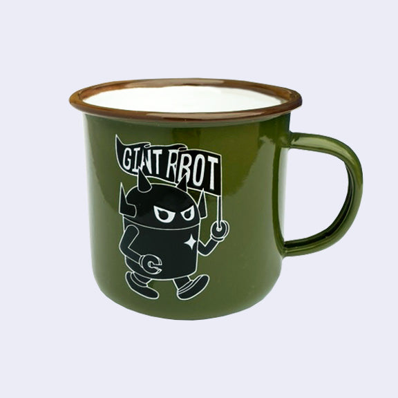 Olive green enamel mug with a graphic of a black robot with a white outline, toting a rippled flag that reads "Giant Robot." Rim of the mug is lined brown with a white interior.