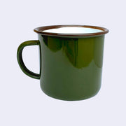 Back view of olive green enamel mug. Rim of the mug is lined brown with a white interior.