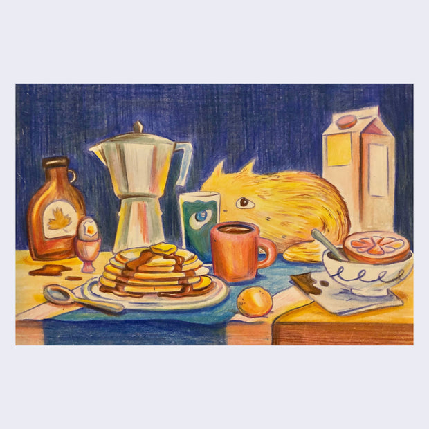 Color pencil illustration of a worried looking yellow cat sitting on a table full of breakfast items: grapefruit, milk, coffee, stack of pancakes, coffee, egg and syrup. The cat peers halfway behind a glass of water, which distorts its face.