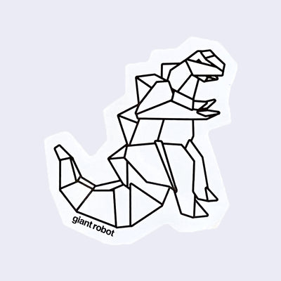 White cut out sticker of an intricate origami Godzilla figure, white with black outlines. "Giant Robot" is written in small lowercase black font below the tail.