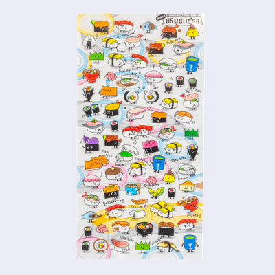 Sticker sheet filled with nearly 100 sushi character stickers, each with their own expressions and poses.