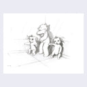 Graphite drawing on white paper of a bear, standing on 2 legs like a human and cowering in the corner. Around him are 2 small strangely human dancing dogs. They both wear little tiaras.