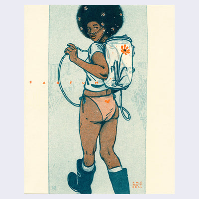 Risograph print on cream paper. A person with an afro that has flowers in it stands with their butt facing the viewer, looking behind them. They are wearing a tee shirt, orange bikini bottoms and rubber boots. Their nose is hooked up to a clear capsule on their back, which holds a single orange flower in it.  "Parfum" is written thinly across the piece.