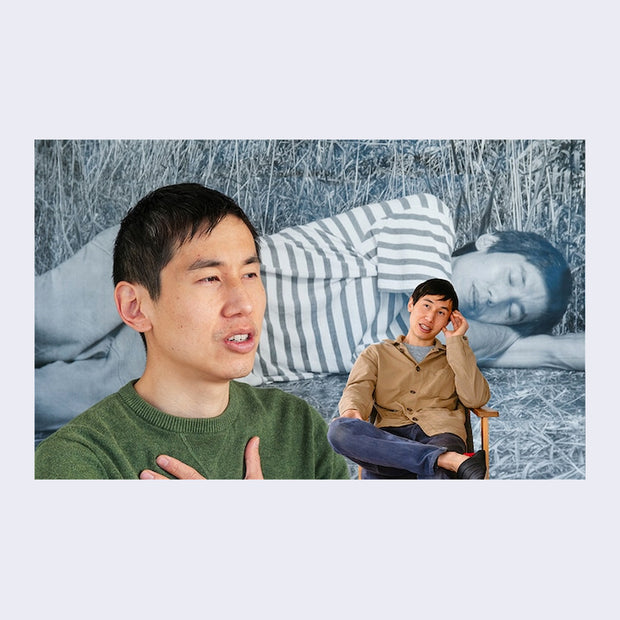 Back cover of book. Collage of 3 picture of Patrick Tsai, two of him talking and one of him laying on the ground.