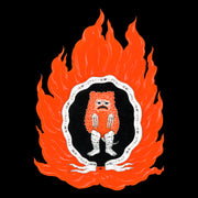 Illustrative painting of an orange Pigmon kaiju, with its arms hanging in front on a black background surrounded by a scroll with written script and cut out bright orange flames.