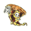 Die cut sticker of a very cheesy slice of pepperoni pizza, with a cartoon skeleton coming out of the crust and one popping its head through the middle of the slice.