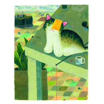 Bright, heavily green tinted, illustration of a cat sitting on a table with a slice of cheese covering on of its eyes. A tile floor is below, with a snake plant and a pair of shoes.