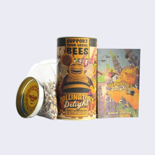 Tall cylindric can of Pollinator's Delight, with instructions and a clear bag with many different seeds.