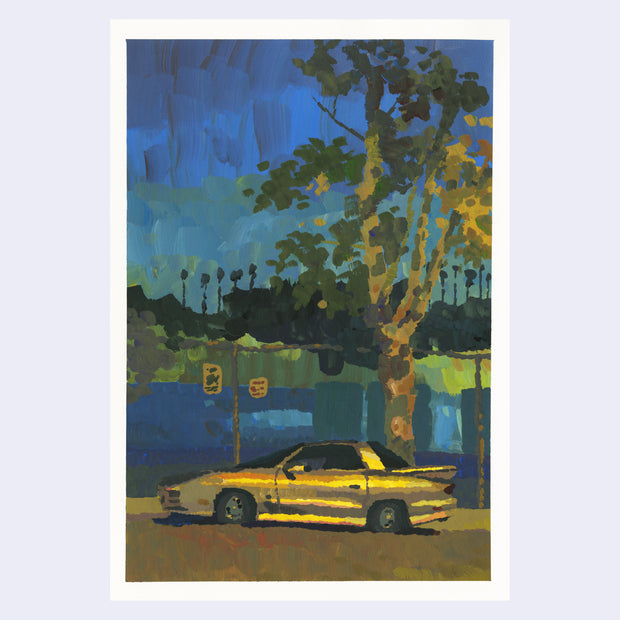 Plein air panting of a night scene with artificial street lighting of a street with a silver Pontiac parked in front of an iron fence and tree.