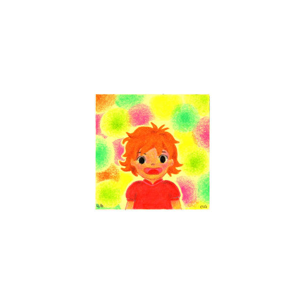 Colored pencil illustration of a stylized version of Ponyo, a small girl with short messy orange hair and a red dress, smiling and looking at the viewer head on, only visible from the waist up. Background is made of many blurred yellow, green and pink spheres on a yellow post it note.