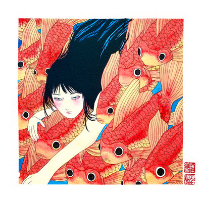 Illustration of a pink cheeked woman with long black hair, swimming amongst bright orange koi fish.
