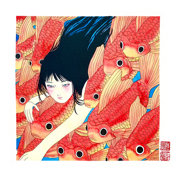 Illustration of a pink cheeked woman with long black hair, swimming amongst bright orange koi fish.