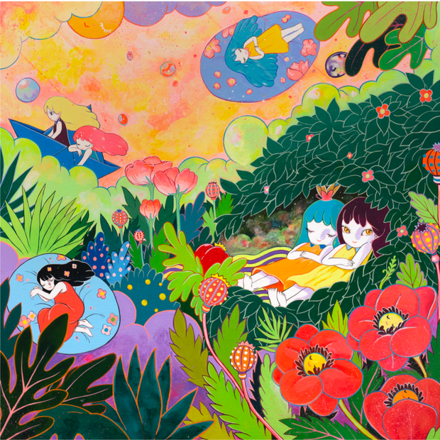 Brightly colored painting of a scene with lots of leaves, bushes and flowers of many different colors agains a bright yellow and pink sky. In the alcove of one a bush, two girls lay next to each other, looking content. Nearby, other girls lay on various objects and 2 ride along in a paper boat.