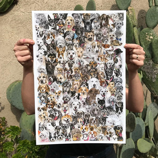 Pattern style illustration, full surface print covered in different close up illustrations of dogs. Almost every dog is a different breed.