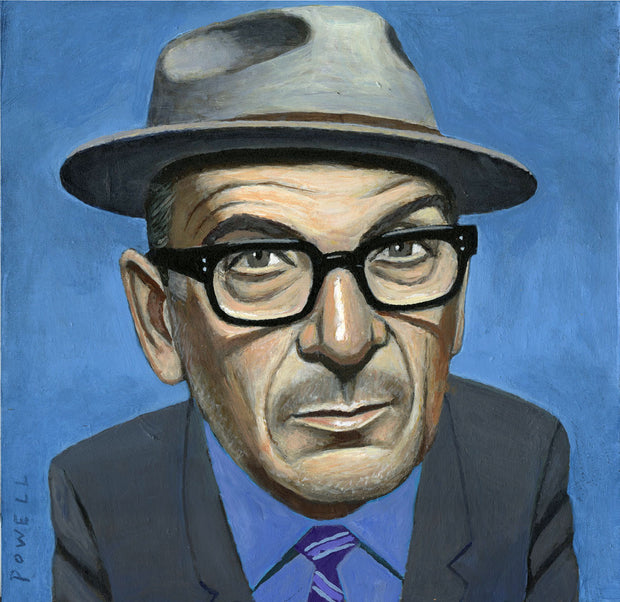 Finely rendered painted portrait of Elvis Costello, with a slightly caricature style larger head. He wears a fedora, glasses and a gray suit with a blue dress shirt that matches the background.