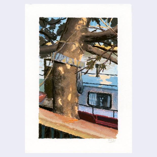 Plein air painting of a large tree trunk, with several ropes tied around it and a window of a small house behind it. A cat peeps out from the window.