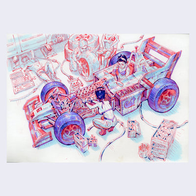 Blue and red ink illustration on cream colored paper of a race car being assembled, with the view slightly overhead.