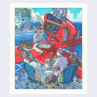 Detailed watercolor illustration of a large red old fashioned sea plane, with one of the panels flipped up to reveal all the mechanical elements. Someone sits on the wing and eats lunch, docked next to a nicely dressed couple. The man is sleeping with a magazine over his face and the woman looks at him, amused. 
