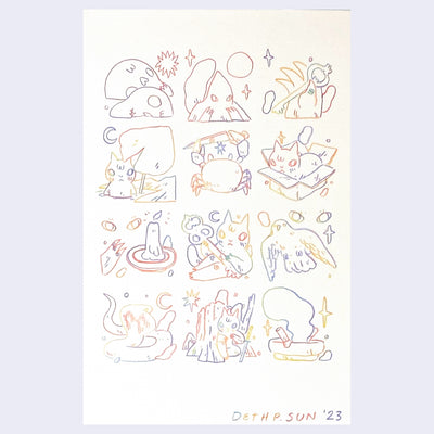 Doodles done in rainbow pencil, which allows for multiple colors in a single line. Doodles are in a 3 x 4 grid, featuring animals with weapons, cats in different poses and scenes.