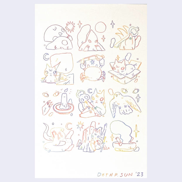 Doodles done in rainbow pencil, which allows for multiple colors in a single line. Doodles are in a 3 x 4 grid, featuring animals with weapons, cats in different poses and scenes.