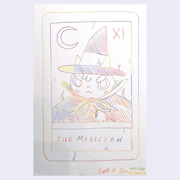 Drawing using a rainbow pencil, which transitions from color to color all in the same line.  A mock tarot card titled "The Magician" and features a drawing of a cat wearing a pointy black hat and a tied cloak.