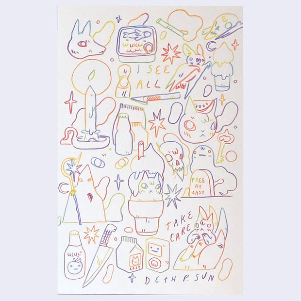 Drawing using a rainbow pencil, which changes the color of a single line. Page is a series of doodles with varying thematics, such as animals, weapons and ghosts. 
