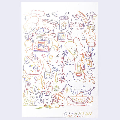 Drawing using a rainbow pencil, which allows for many colors to change in a single line. A page of doodles with varying subjects, including a cat with weapons, food, and natural elements.
