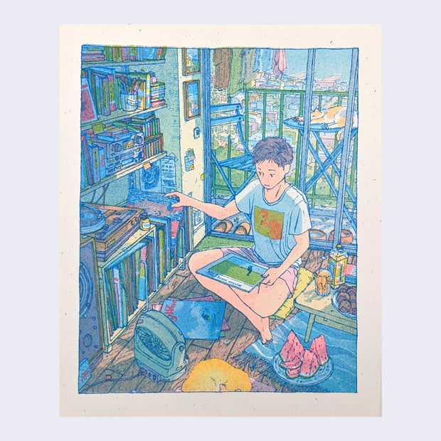 Risograph print illustration of a person sitting cross legged on the floor, going through an expansive record collection with a small fan pointed up towards them and a table of snack foods nearby. Two cats rest around the scene.