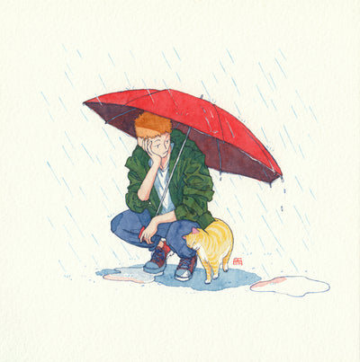 Watercolor and ink drawing on cream paper of a young man crouching down and holding a large umbrella over him and a nearby orange tabby cat who rubs against his leg. He looks at the cat with an apathetic expression. Rain sprinkles from above, forming puddles.