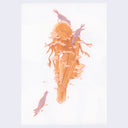 Marker illustration of a girl made out of wood, sitting with her knees pulled to her chest and various mushrooms growing off of her. 3 birds pick at her.