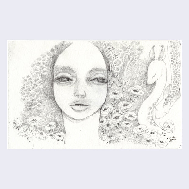Pencil illustration of a close up face, with eyes glazed over. Growing from their hair is a field of flowers, with two sleeping deer creatures.