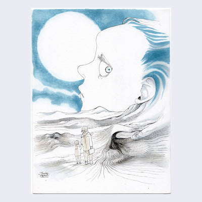 Ink and marker drawing of a dune like landscape made out of someone's hair, who looks back with a worried look. Two small people, an adult and a child, stand in the dunes looking up at the head.