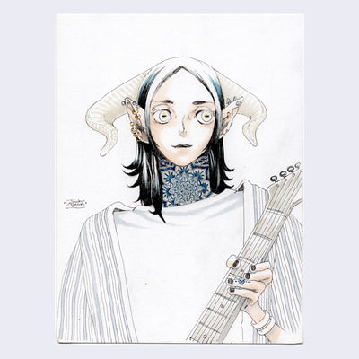 Pen and marker drawing of a person with horns and pointed teeth, visible from the torso up. They have a neck tattoo and many piercings in their ears, and hold the neck of a guitar.