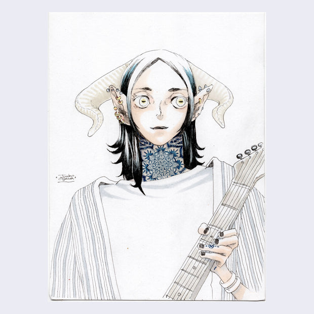 Pen and marker drawing of a person with horns and pointed teeth, visible from the torso up. They have a neck tattoo and many piercings in their ears, and hold the neck of a guitar.