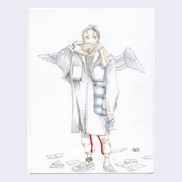 Ink and marker drawing of a human with angel wings, wearing baggy clothes and a scarf that covers the lower half of their face. They stand amongst a pile of scattered mail and look off to the side.