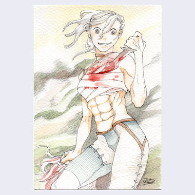Ink and watercolor drawing of a very fit and muscular woman, smiling excitedly while holding a bloody knife. Her chest is wrapped in blood soaked bandages.