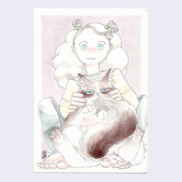 Ink and watercolor drawing of a girl with a silly expression on her face and puffy white hair, like clouds. She sits on the ground with a large brown and white cat, akin to Grumpy Cat, in her lap.
